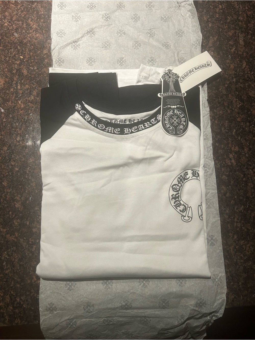 Chrome Hearts White and Black Logo Raglan Short Sleeve Tee